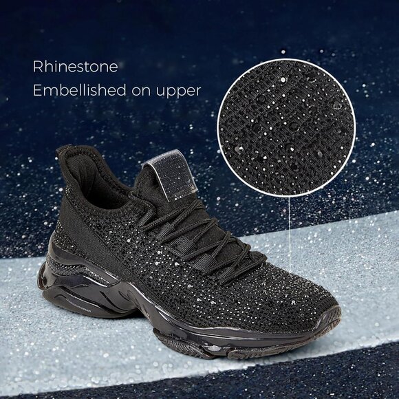 Women Black Rhinestone Mesh Slip On Walking Breathable Sparkle Glitter Sneaker - Picture 5 of 9